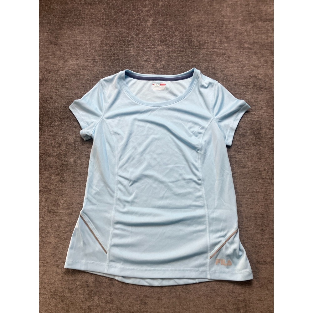 FILA Sport Live In Motion T-Shirt Womens Medium Blue Logo Round Neck Cap Sleeve